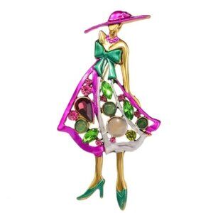 Fun and Sassy Gold Pink Green and Cream Rhinestone Fashion Lady Brooch